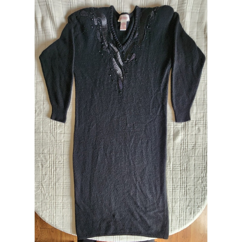 Vintage 80s Raoul Black Beaded Sweater Dress 1X Lambs Wool Angora Nylon